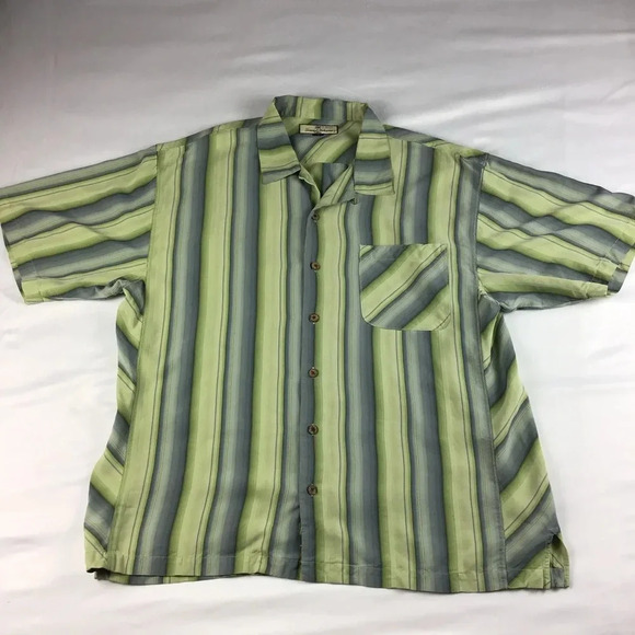 Tommy Bahama Hawaiian 100% Silk Green Strips Botton Down Shirt - Picture 1 of 4